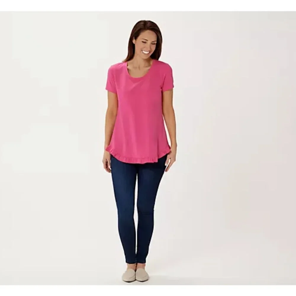 Isaac Mizrahi Live! Women Top 1X  Scoop Neck Curved Ruffle Light Brown A378050 - Picture 3 of 6